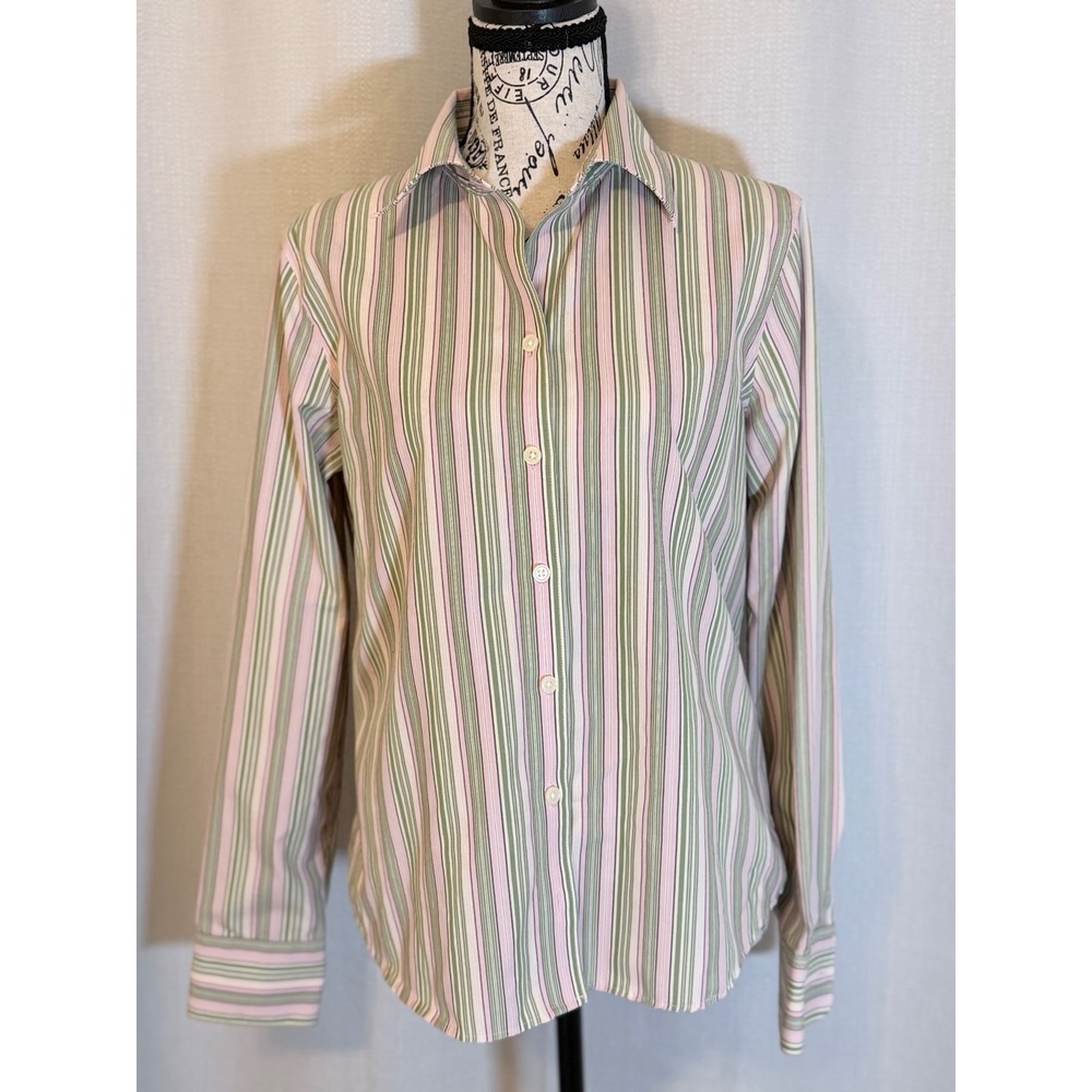 Eddie Bauer Pink Green Striped Wrinkle Resistant Cotton Button Down Shirt M